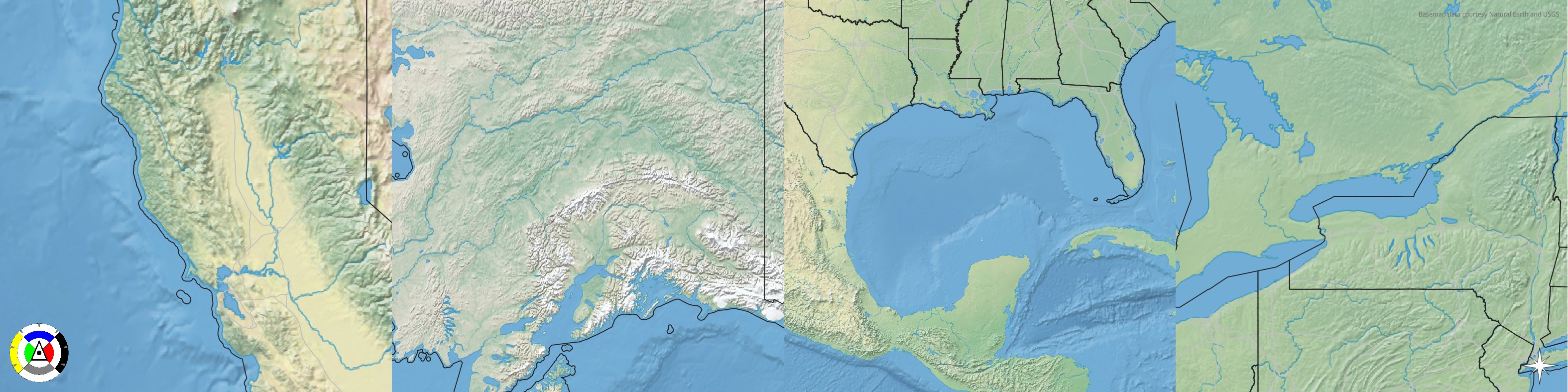 A series of four maps showing parts of California, Alaska, US/Canada, and US/Mexico/Carribean